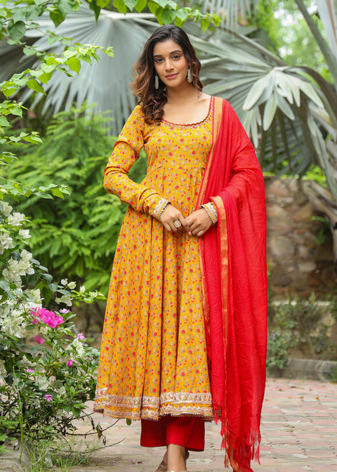 <img> Corn Yellow French Crepe Printed Anarkali Set