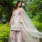 White Cotton Floral Printed Sharara Set