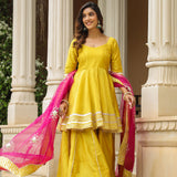 Solid Yellow Cotton Silk Sharara Set