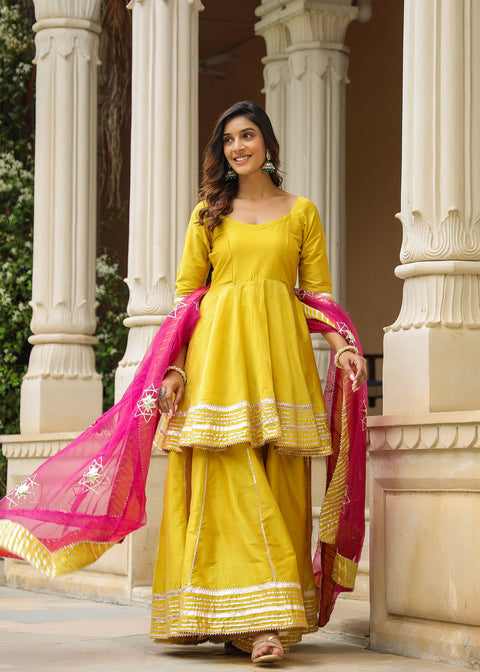 <img> Solid Yellow Cotton Silk Sharara Set