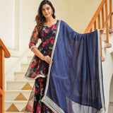 Dark Night Blue Organza Floral Sharara Set