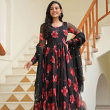 Night Black Chiffon Floral Printed Anarkali Set