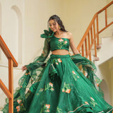 Emerald Green Organza Floral Lehenga Set