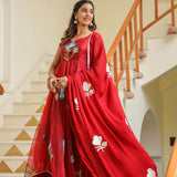 Valentia Red Organza Floral Printed Anarkali Set