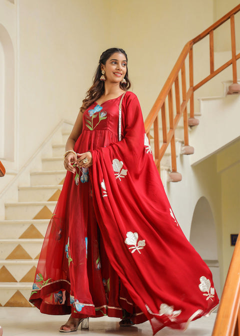 <img> Valentia Red Organza Floral Printed Anarkali Set