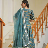 Teal Blue Cotton Printed Anarkali Set