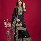 Black Embroidered Silk Floral Sharara Set