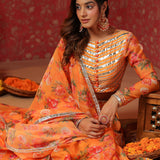 Sunshade Orange Organza Floral Printed Lehenga Set