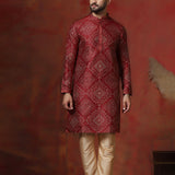 Cherry Red Dupion Embroidered Kurta Set