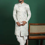 Ceramic White Cotton Blend Printed Sherwani Set