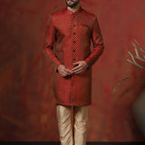Maroon Printed Cotton Blend Sherwani Set