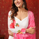 White Chanderi Floral Printed Anarkali Set