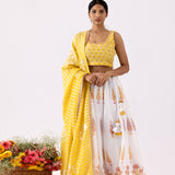 Foil Print Yellow Chanderi Lehenga Set