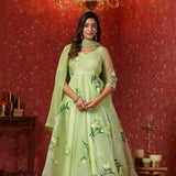 Soft Green Organza Floral Printed Anarkali Set
