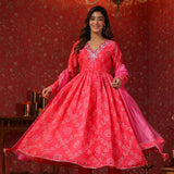Bright Pink Chanderi Bandhani Printed Anarkali Set