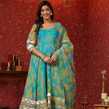 Cerulean Blue Organza Printed Anarkali Set