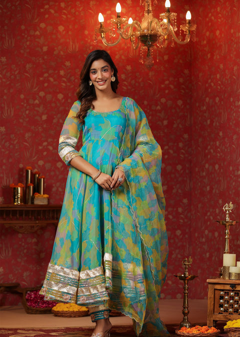 <img> Cerulean Blue Organza Printed Anarkali Set
