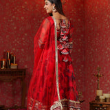Deep Scarlet Red Organza Printed Anarkali Set