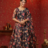 Woodsmoke Black Organza Floral Printed Anarkali Set