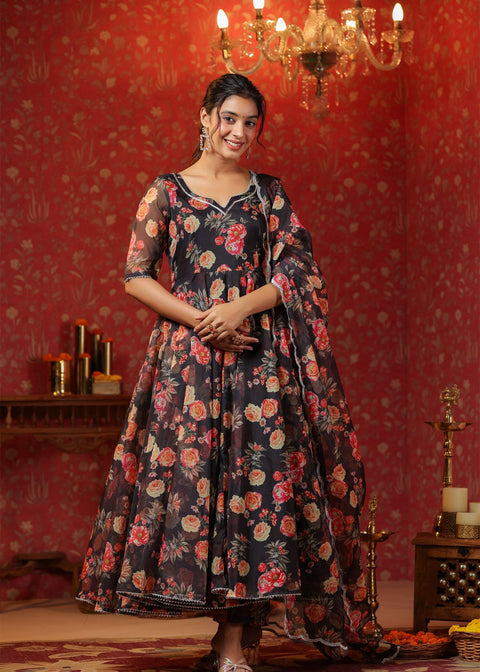 <img> Woodsmoke Black Organza Floral Printed Anarkali Set