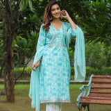 Ice Blue Cotton Floral Printed Kurti Set