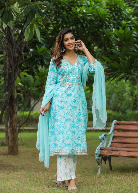 <img> Ice Blue Cotton Floral Printed Kurti Set