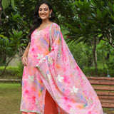 Multicolour Pink Georgette Floral Embroidered Kurti Set