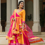 Pink And Yellow Cotton Silk Solid Anarkali Set