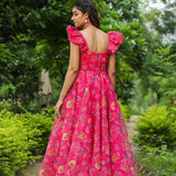 French Rose Pink Organza Floral Printed Gown