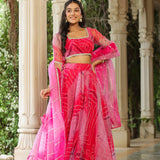 French Rose Organza Bandhani Printed Lehenga Set