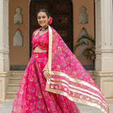 Bright Pink Organza Floral Printed Lehenga Set