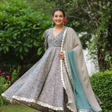 Granny Grey Cotton Floral Printed Anarkali Set