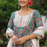 Persian Green Cotton Floral Printed Anarkali Set