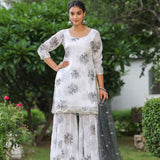 White And Grey Georgette Floral Printed Sharara Set