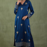 Dark Blue Floral Foil Print Straight Kurta Set