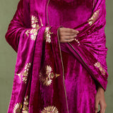 Dark Pink Velvet Short Kurta And Sharara With Shawl Set
