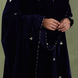 Embroidered Dark Blue Velvet Straight Kurta Set With Dupatta