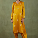 Mustard Foil Printed Mashru Silk Straight Kurta And Salwar With Velvet Shawl Set