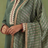 Embroidered Dark Olive Green Straight Kurta And Pant With Banarasi Strip Dupatta