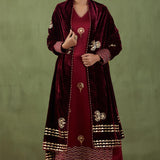 Floral Foil Print Dark Maroon Straight Kurta Set With Velvet Dupatta