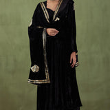 Black Plain Silk Velvet Straight Kurta And Pant With Velvet Shawl Set