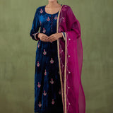 Peacock Blue Velvet Straight Kurta Set And Pant With Gotta Dupatta