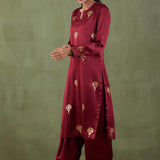 Maroon Foil Printed Mashru Silk Straight Kurta And Salwar With Velvet Shawl Set