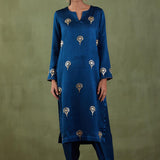 Dark Blue Foil Printed Mashru Silk Straight Kurta And Salwar With Velvet Shawl Set