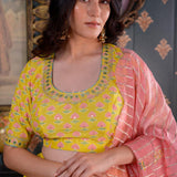 Lemon Yellow Foil Printed Cotton Silk Lehenga Set With Dupatta