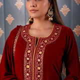 Embroidery Dark Maroon Velvet Kurta Set