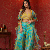 Cerulean Blue Organza Printed Indo-Western Co-Ord Set