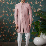 Dusty Rose Pink Art Silk Three Piece Sherwani Set