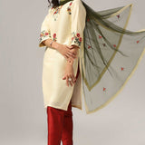 Cream Raw Silk Kurti With Pants And Dupatta