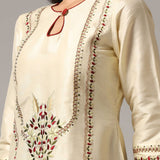 Cream Raw Silk Kurti With Pants And Netted Dupatta